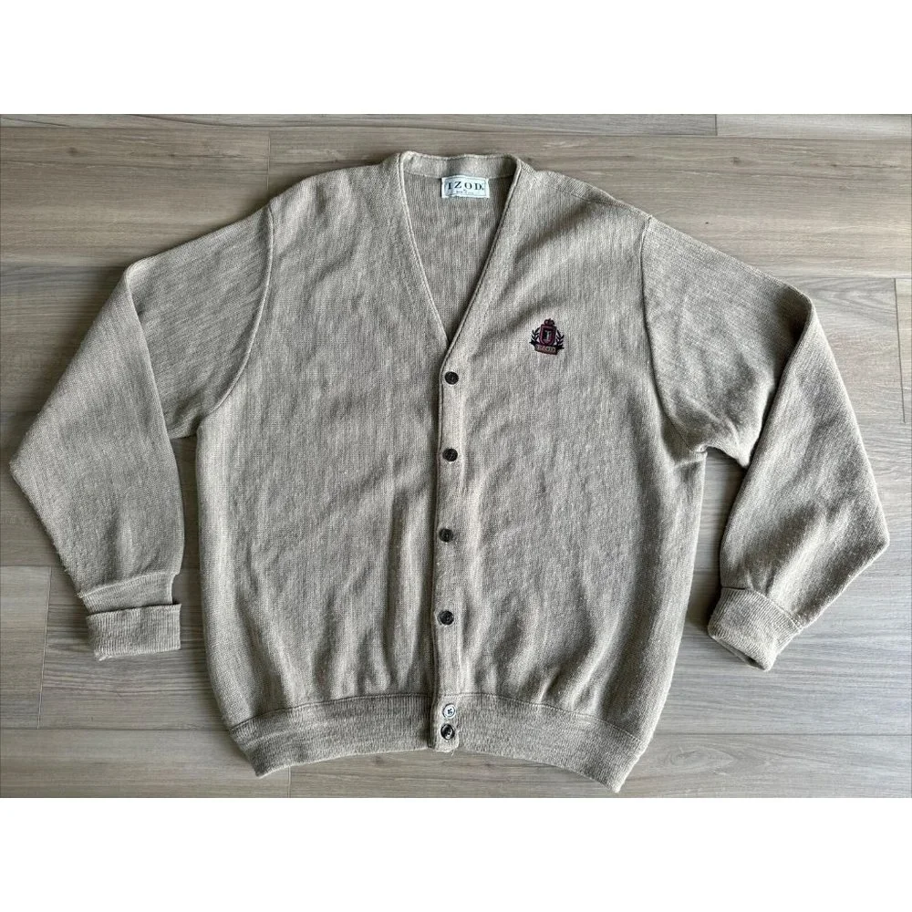 Vintage Izod Cardigan Men Sz XL Beige Button‎ Up Long Sleeve Made In USA Sweater